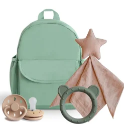 Babyshower gave - grøn rygsæk m. nusseklud, sut og bidering