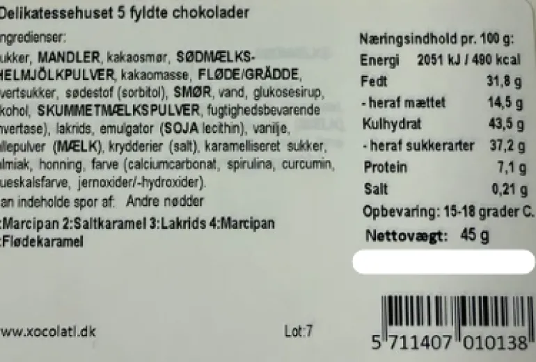Chokoladegaveæske med 5 fyldte chokolader, Delikatessehuset