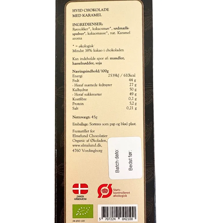 Chokoladeplade, hvid chokolade med karamel (økologisk)