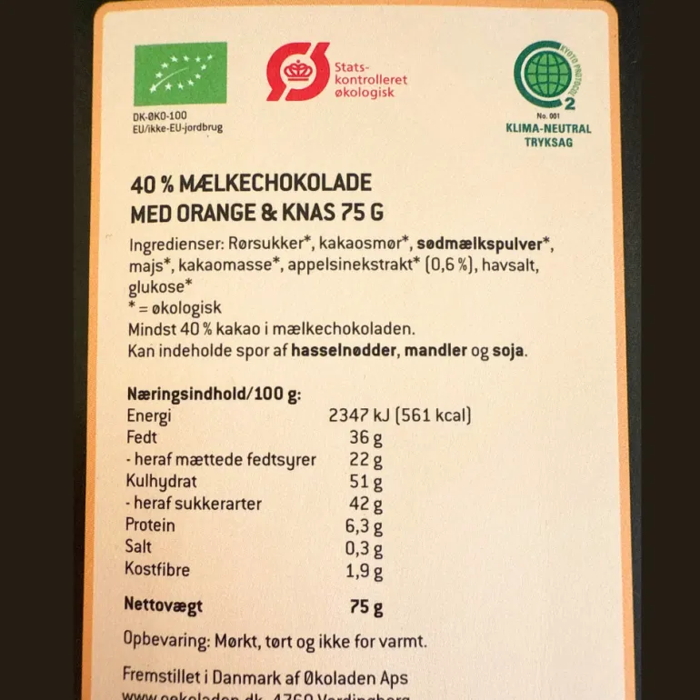 Chokoladeplade, 40 % mælkechokolade med orange og knas - Økoladen