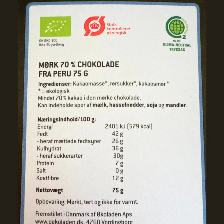 Chokoladeplade, Mørk Chokolade 70 % - Økoladen