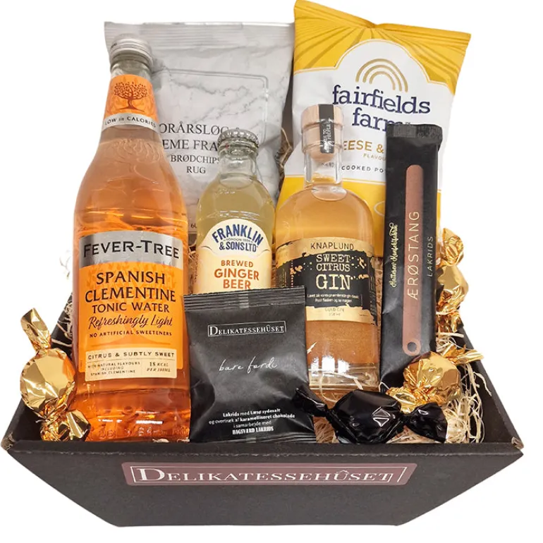 Gavekurv - Flot guld kurv m. Knaplunds glimmer gin, tonicvand og snacks