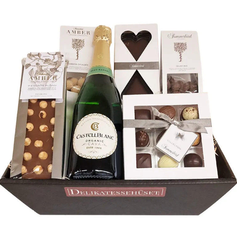 Gavekurv - gave med mousserende CAVA og chokolade fra Summerbird