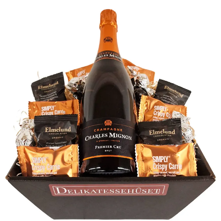 Gavekurv med champagne og chokolade