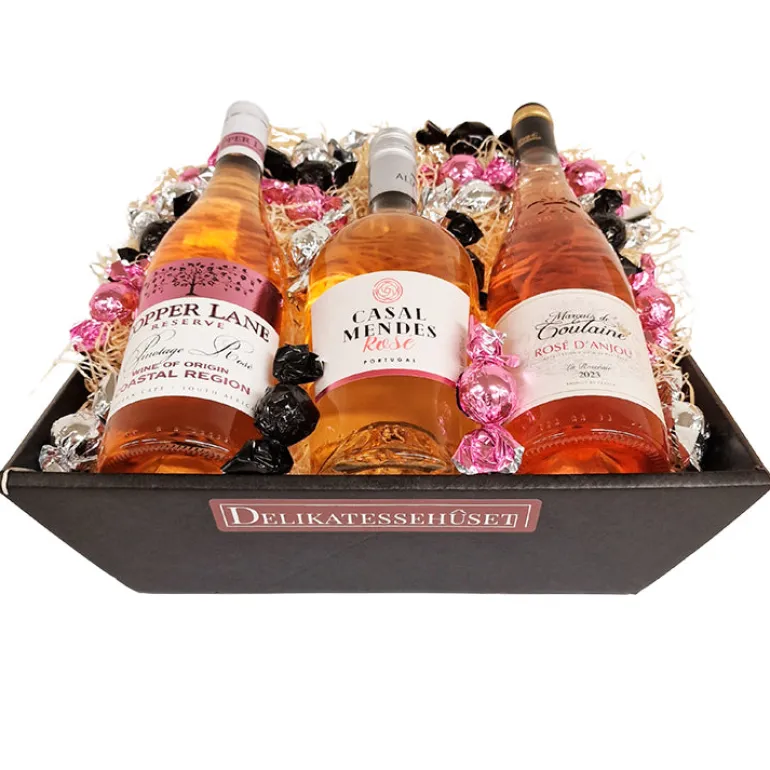 Gavekurv - med 3 læskende sommer rosévine og chokolade