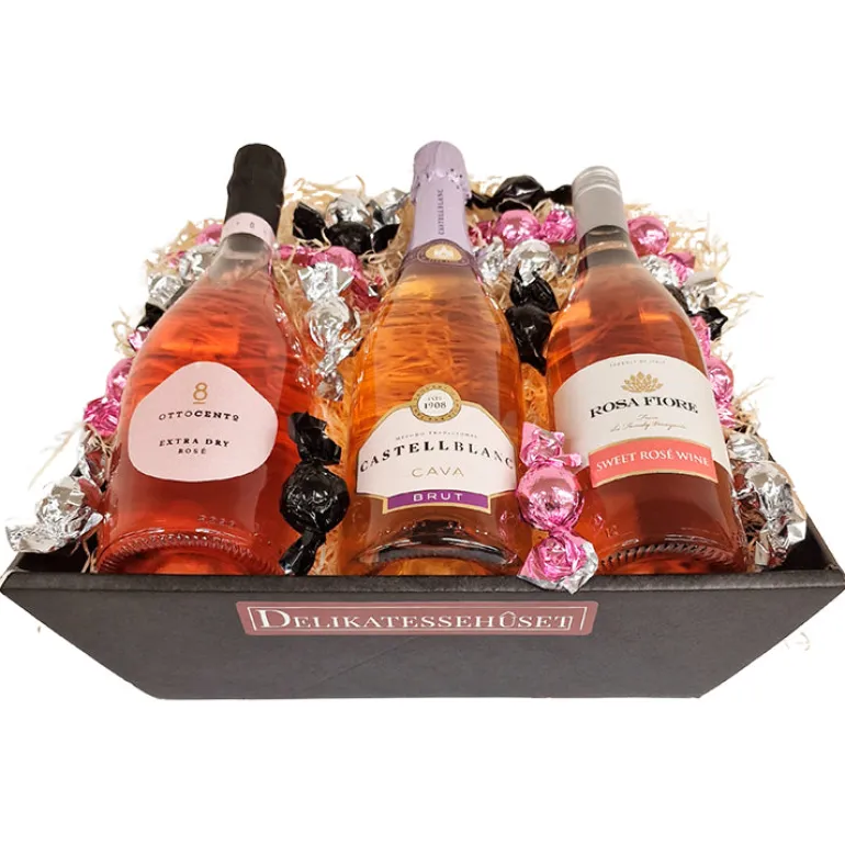 Gavekurv - med 3 mousserende rosévine og chokolade