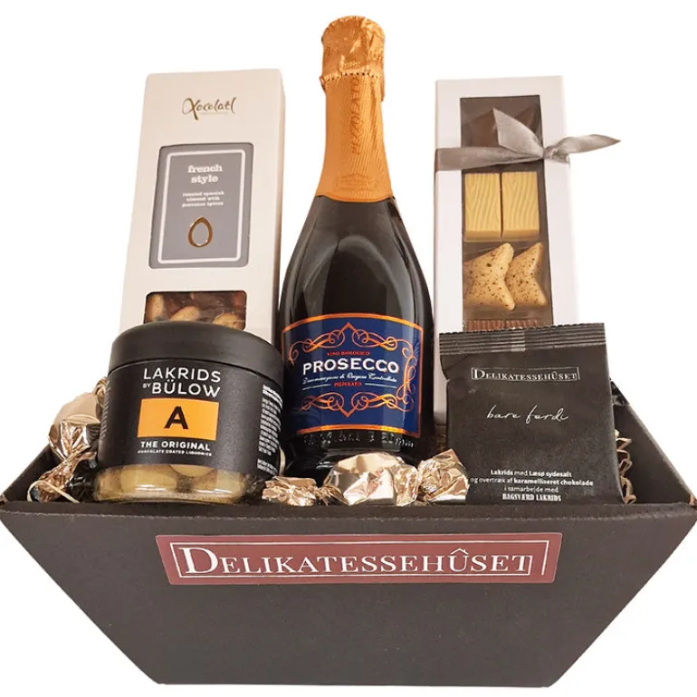 Gavekurv - med Prosecco-bobler, chokolade og lakrids