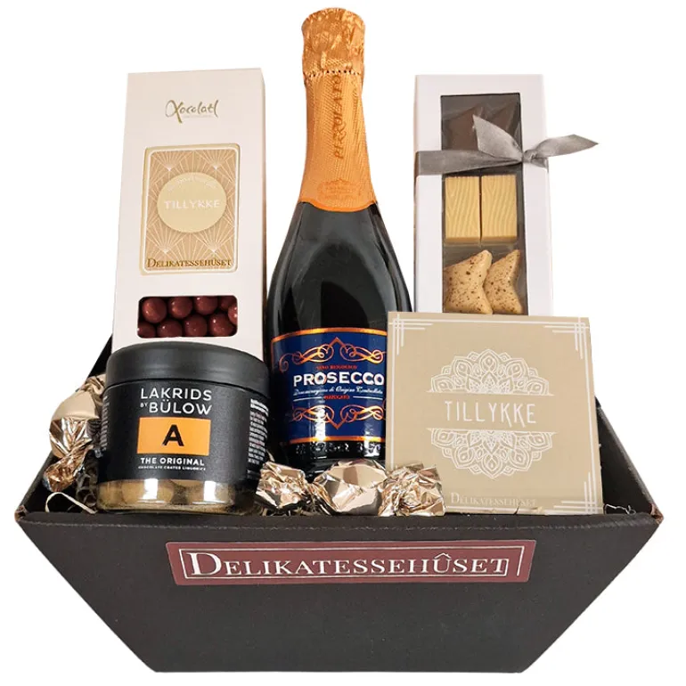 Gavekurv - ønsk Tillykke med Prosecco-bobler, chokolade og lakrids