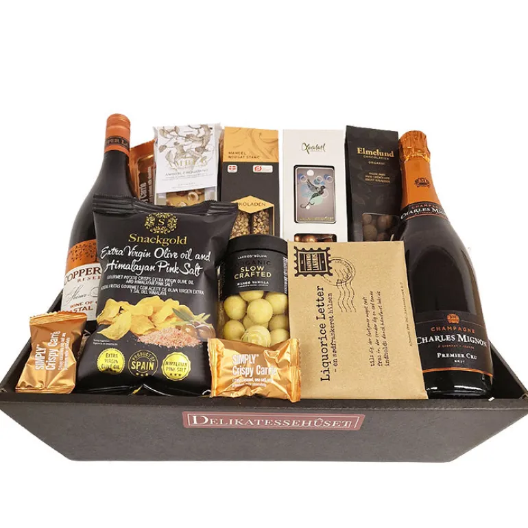 Gavekurv - stor eksklusiv gavekurv m. champagne, rødvin, lakrids og chokolade