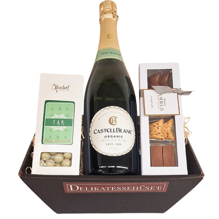 Gavekurv - 'TAK' gave med mousserende vin & chokolade