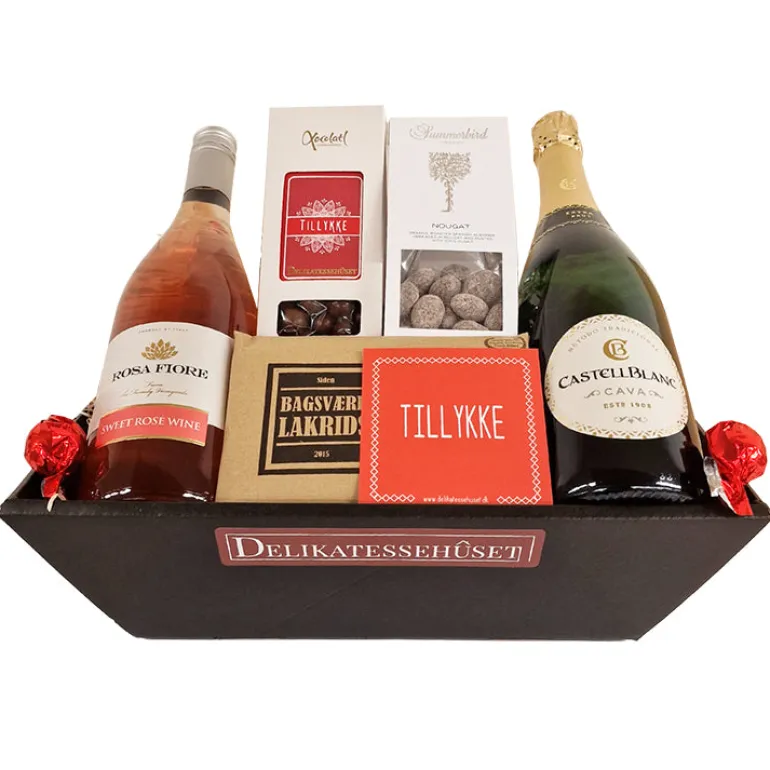 Gavekurv - 'tillykke' med Cava, nødder, lakrids og chokolade
