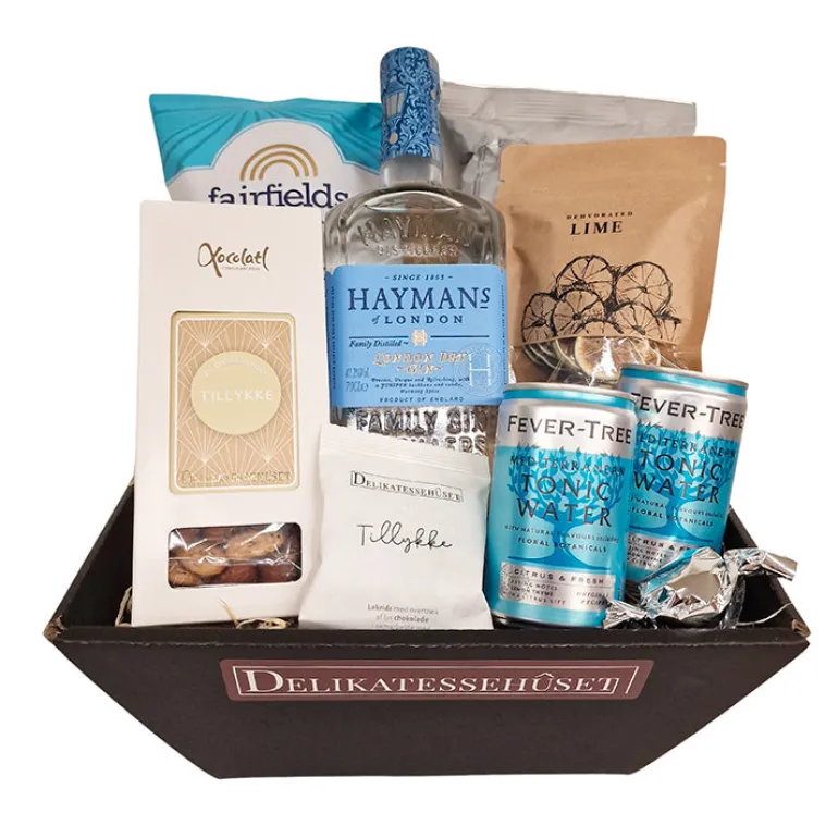Gavekurv 'Tillykke' med London Dry Gin, tonic og snacks
