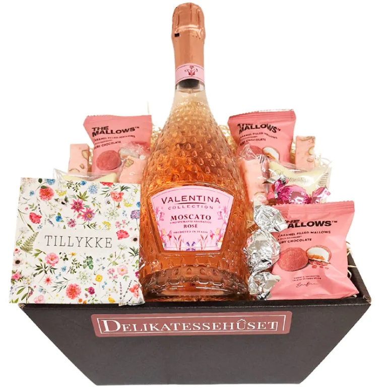 Gavekurv - tillykke med rosé bobler og luksus chokolade