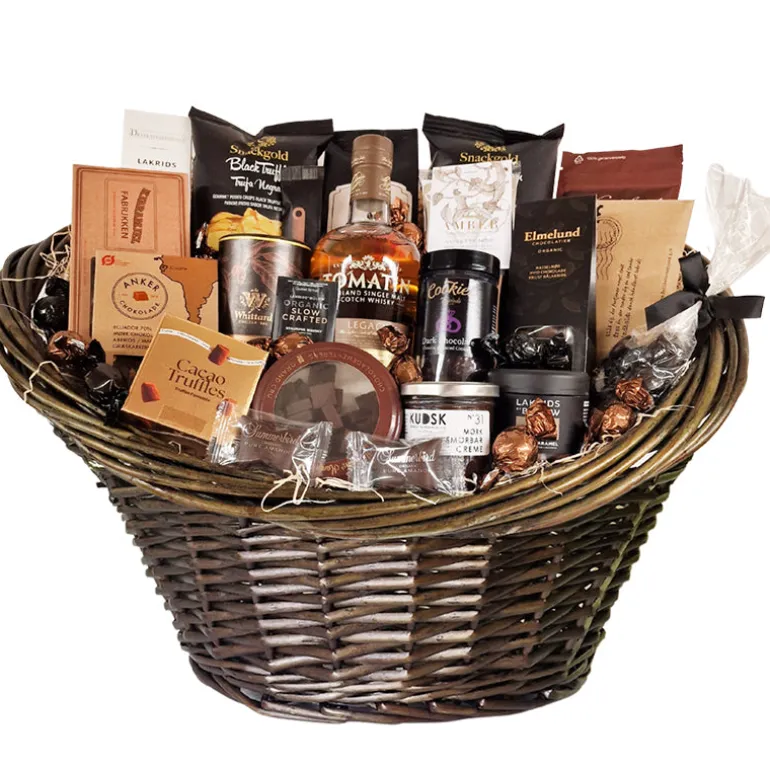 Kæmpe kurv m. whisky, chokolade, lakrids og salte lækkerier