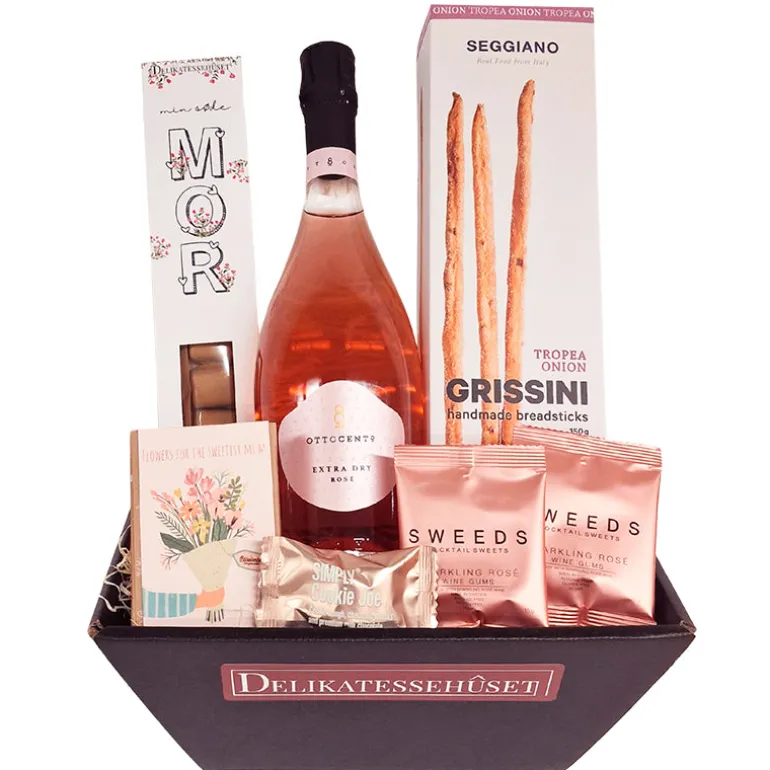 Mors dag gave med rosévin og delikatesser