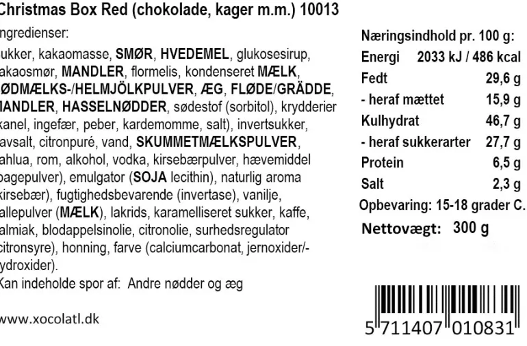 Rød gavekasse med småkager og chokolade