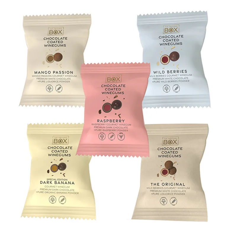 Sampak 5 stk. flowpacks - Vingummi m. chokolade, Box The Original