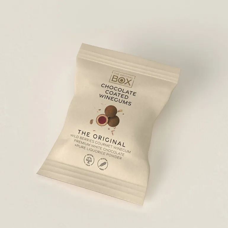 Vingummi med hvid chokolade, lakrids og vilde bær. Flowpack - Box the original