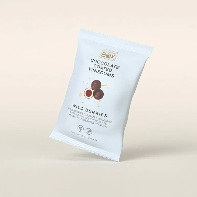 Vingummi med hvid chokolade og vilde bær. Snack pack - Box the original