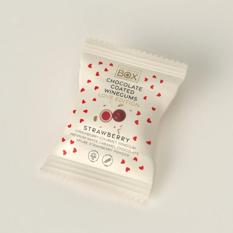 Vingummi med hvid chokolade og jordbær. Love Edition. Flowpack - Box the original