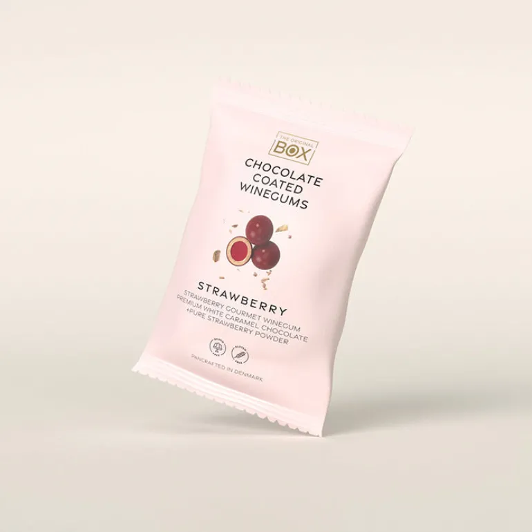 Vingummi med karamel chokolade og jordbær. Snack pack - Box the original